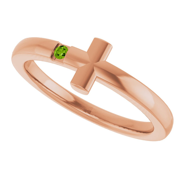 14K Gold Round Natural Peridot Youth Sideways Cross Ring - Rose Gold - view 5