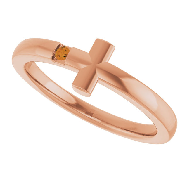 14K Gold Round Natural Citrine Youth Sideways Cross Ring - Rose Gold - view 4