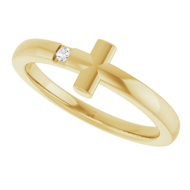 14K Gold Round Natural White Sapphire Youth Sideways Cross Ring - Yellow Gold - view 4
