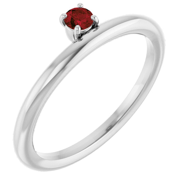 14K Gold Round Natural Mozambique Garnet Asymmetric Stackable Ring - White Gold