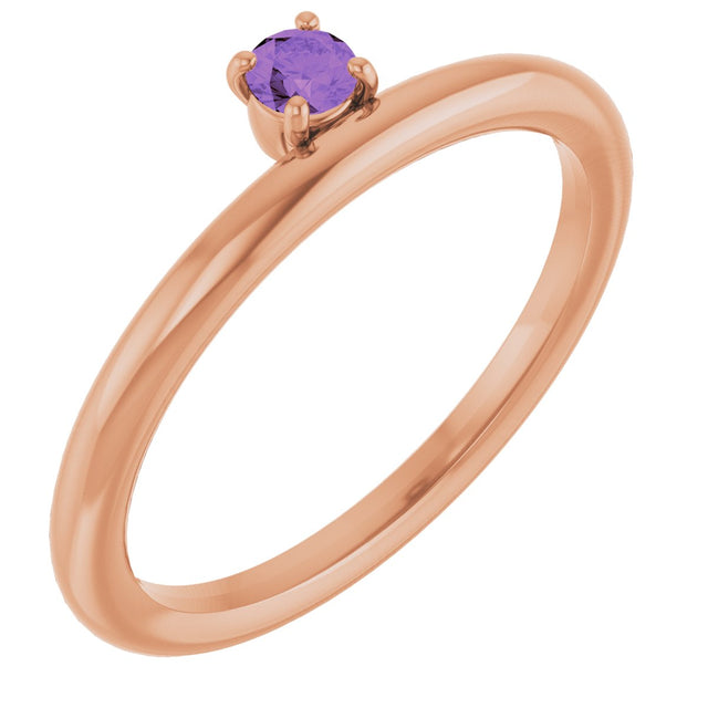 14K Gold Round Natural Amethyst Asymmetric Stackable Ring - Rose Gold