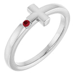 14K Gold Round Natural Ruby Youth Sideways Cross Ring - White Gold
