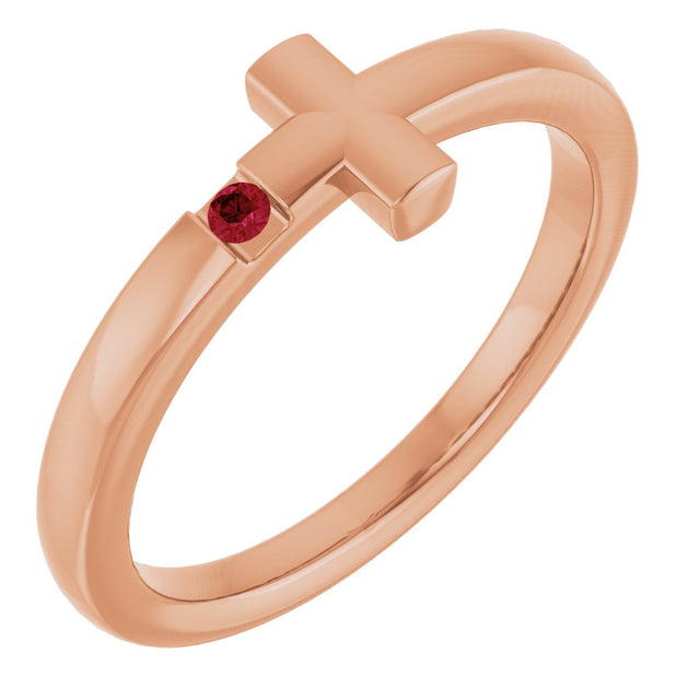 14K Gold Round Natural Ruby Youth Sideways Cross Ring - Rose Gold