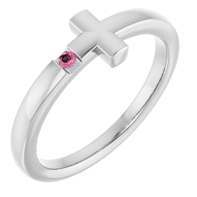 14K Gold Round Natural Pink Tourmaline Youth Sideways Cross Ring - White Gold