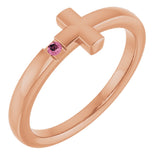 14K Gold Round Natural Pink Tourmaline Youth Sideways Cross Ring - Rose Gold