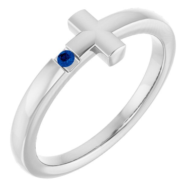 14K Gold Round Natural Blue Sapphire Youth Sideways Cross Ring - White Gold