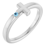 14K Gold Round Natural Aquamarine Youth Sideways Cross Ring - White Gold