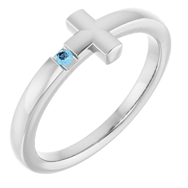 14K Gold Round Natural Aquamarine Youth Sideways Cross Ring - White Gold