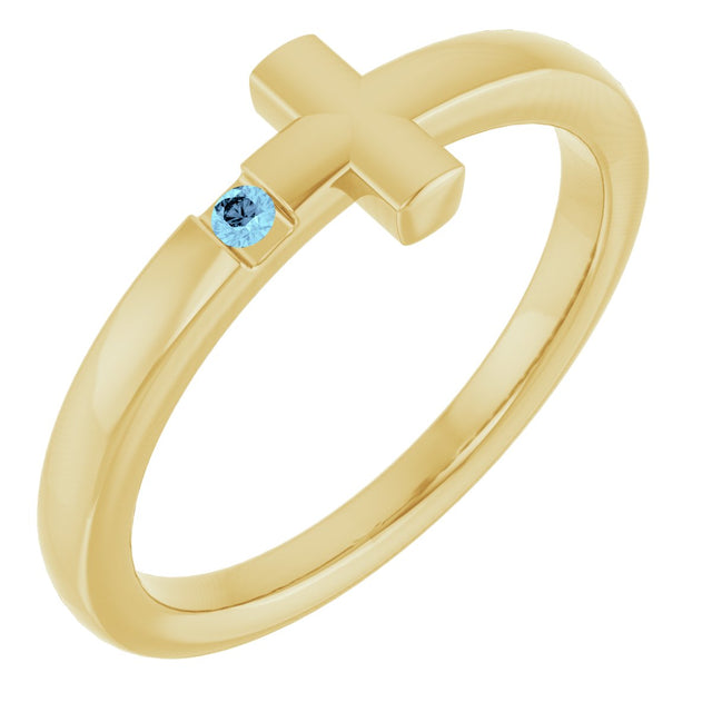 14K Gold Round Natural Aquamarine Youth Sideways Cross Ring - Yellow Gold