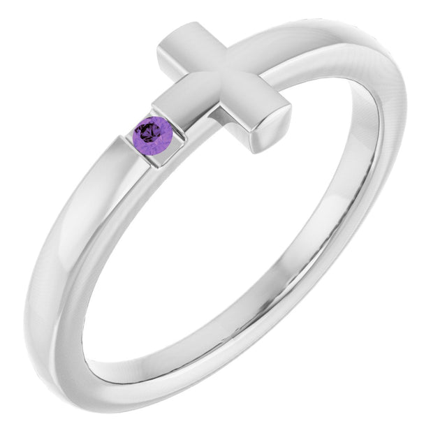 14K Gold Round Natural Amethyst Youth Sideways Cross Ring - White Gold