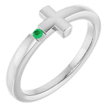 14K Gold Round Natural Emerald Youth Sideways Cross Ring - White Gold