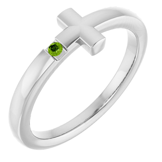 14K Gold Round Natural Peridot Youth Sideways Cross Ring - White Gold