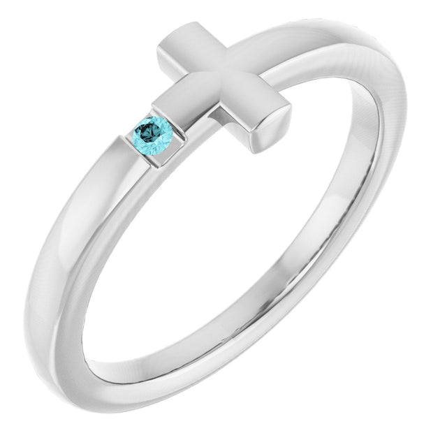 14K Gold Round Natural Blue Zircon Youth Sideways Cross Ring - White Gold