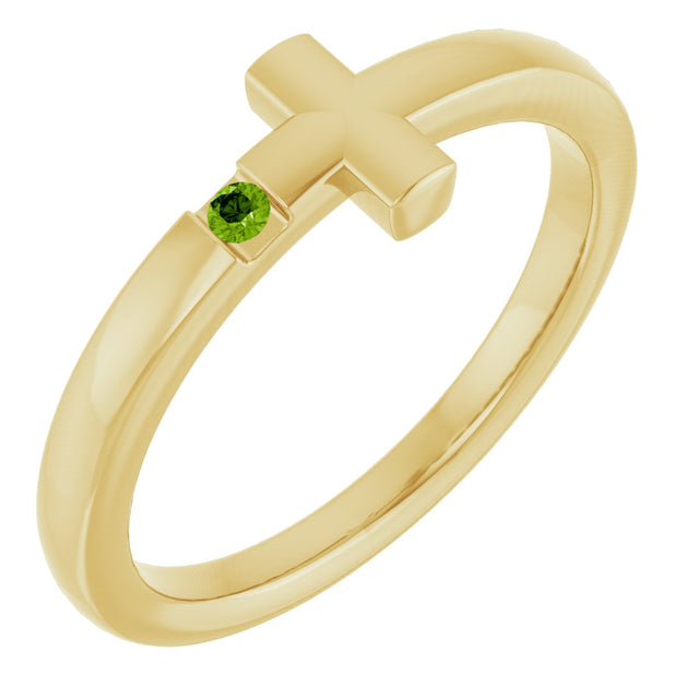 14K Gold Round Natural Peridot Youth Sideways Cross Ring - Yellow Gold