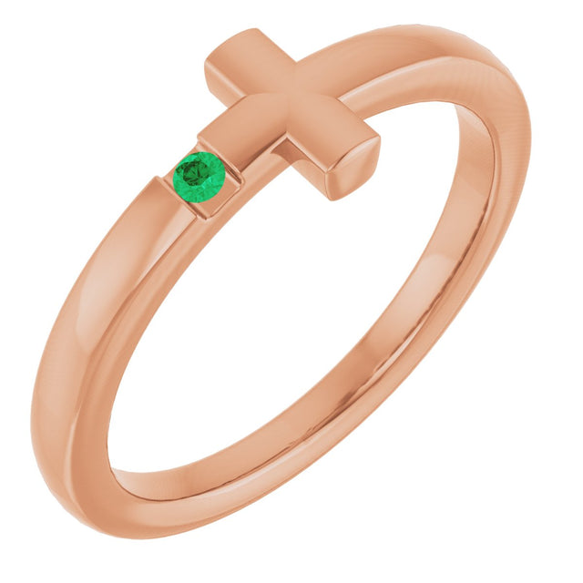 14K Gold Round Natural Emerald Youth Sideways Cross Ring - Rose Gold