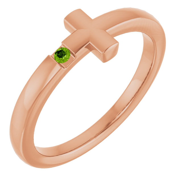 14K Gold Round Natural Peridot Youth Sideways Cross Ring - Rose Gold