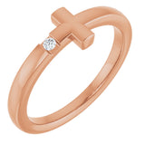 14K Gold Round Natural White Sapphire Youth Sideways Cross Ring - Rose Gold