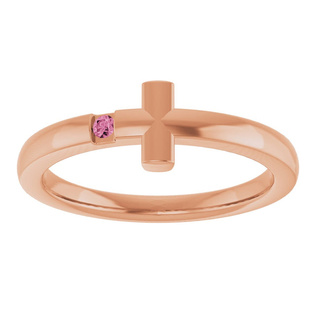 14K Gold Round Natural Pink Tourmaline Youth Sideways Cross Ring - Rose Gold - view 3