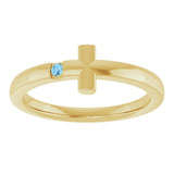 14K Gold Round Natural Aquamarine Youth Sideways Cross Ring - Yellow Gold - view 3