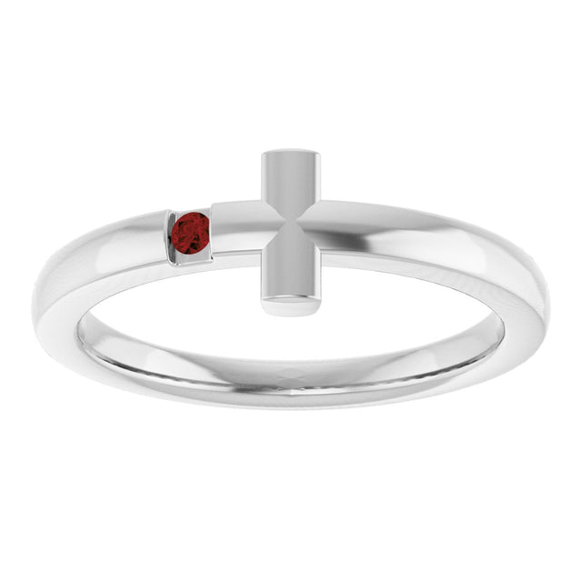 14K Gold Round Natural Mozambique Garnet Youth Sideways Cross Ring - White Gold - view 3