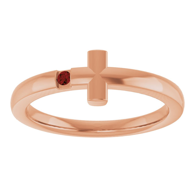 14K Gold Round Natural Mozambique Garnet Youth Sideways Cross Ring - Rose Gold - view 3