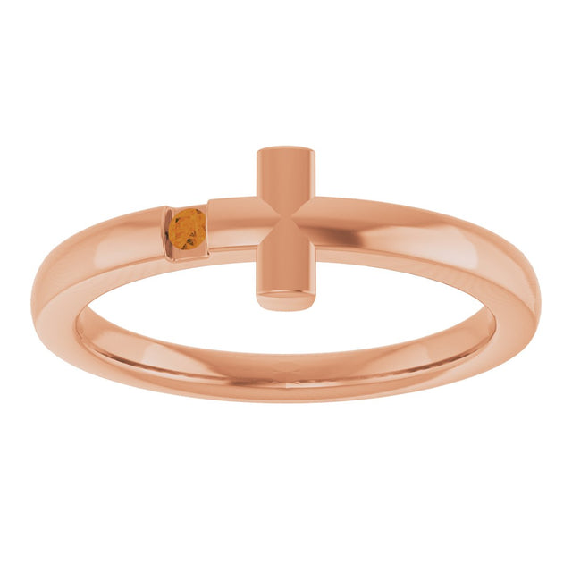 14K Gold Round Natural Citrine Youth Sideways Cross Ring - Rose Gold - view 3