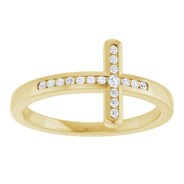 14K Gold Round Natural Diamond Sideways Cross Ring – 1.6mm Stones - Yellow Gold - view 3
