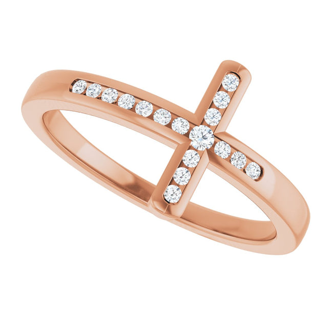 14K Gold Round Natural Diamond Sideways Cross Ring – 1.6mm Stones - Rose Gold - view 5