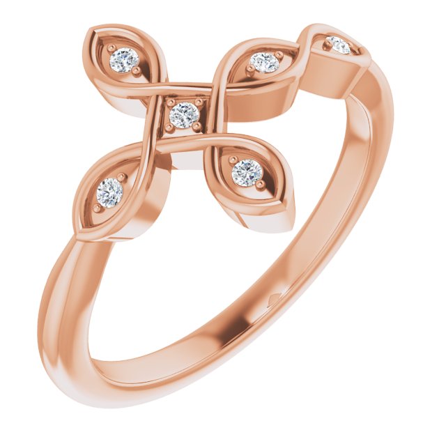 14K Gold Round Natural Diamond Accented Sideways Cross Ring – 1.3mm Stones - Rose Gold
