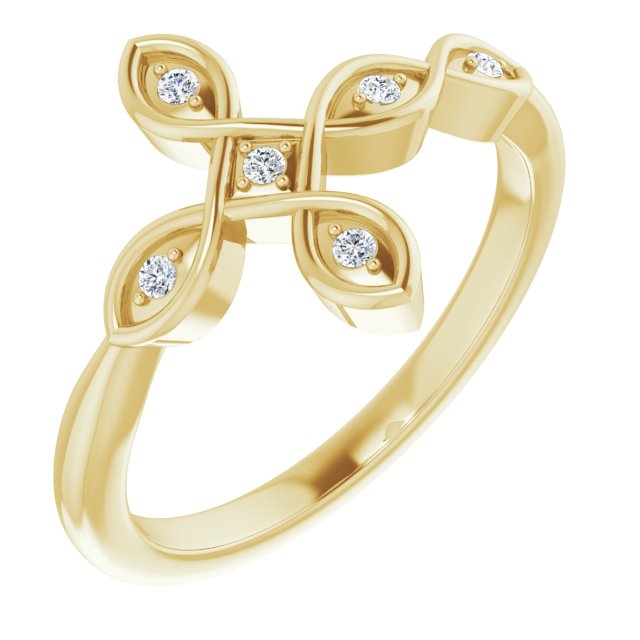 14K Gold Round Natural Diamond Accented Sideways Cross Ring – 1.3mm Stones - Yellow Gold