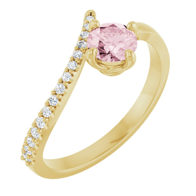14K Gold Round Natural Pink Morganite Accented Bypass Ring - Yellow Gold