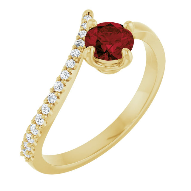 14K Gold Round Natural Mozambique Garnet Accented Bypass Ring - Yellow Gold