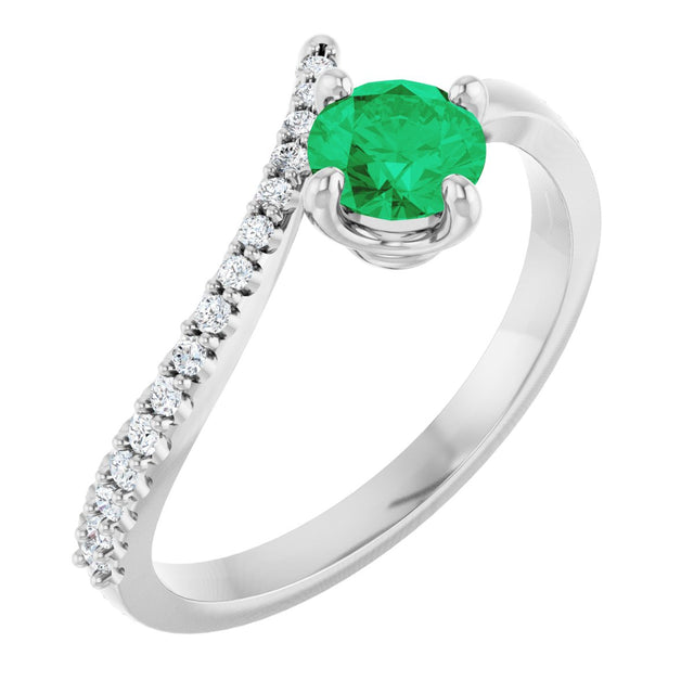 14K Gold Round Natural Emerald Accented Bypass Ring - White Gold