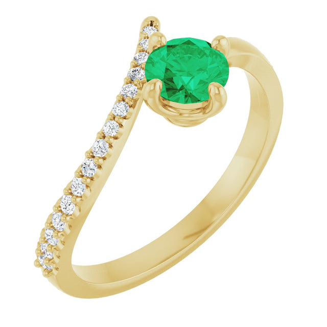 14K Gold Round Natural Emerald Accented Bypass Ring - Yellow Gold