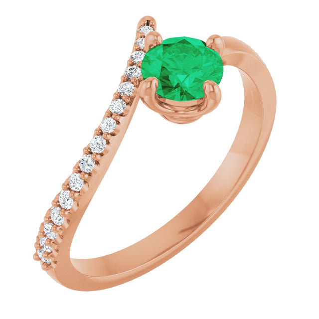 14K Gold Round Natural Emerald Accented Bypass Ring - Rose Gold