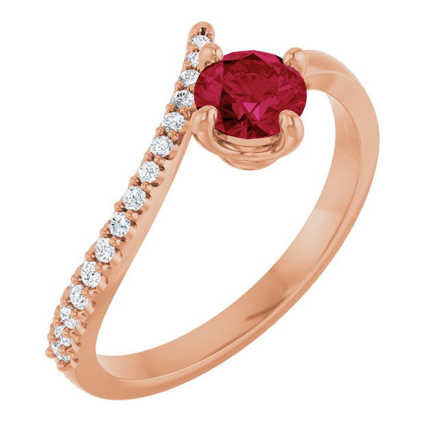14K Gold Round Natural Ruby Accented Bypass Ring - Rose Gold