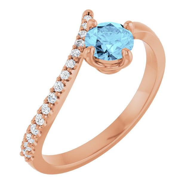 14K Gold Round Natural Aquamarine Accented Bypass Ring - Rose Gold