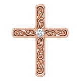 14K Gold Round Natural Diamond Sculptural Solitaire Cross Pendant - Rose Gold