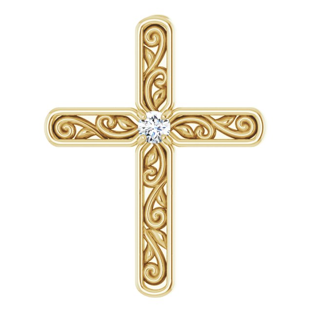 14K Gold Round Natural Diamond Sculptural Solitaire Cross Pendant - Yellow Gold