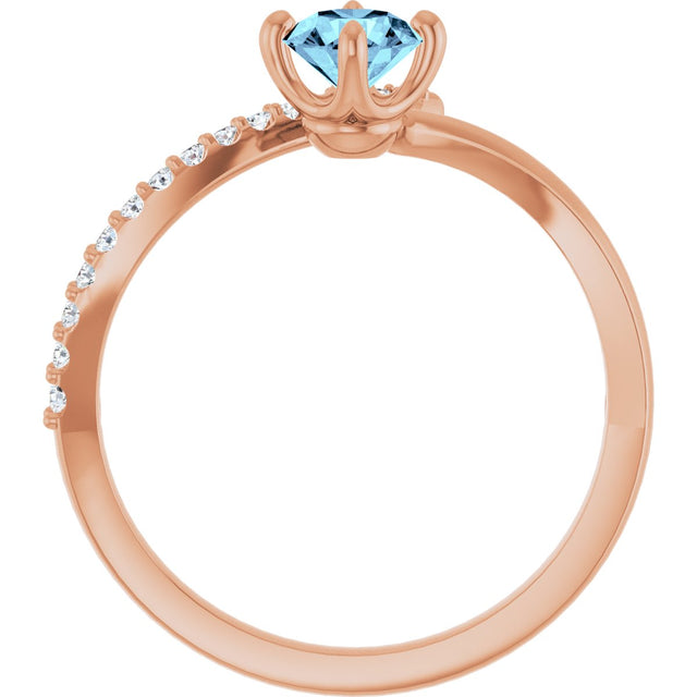 14K Gold Round Natural Aquamarine Accented Bypass Ring - Rose Gold - view 2
