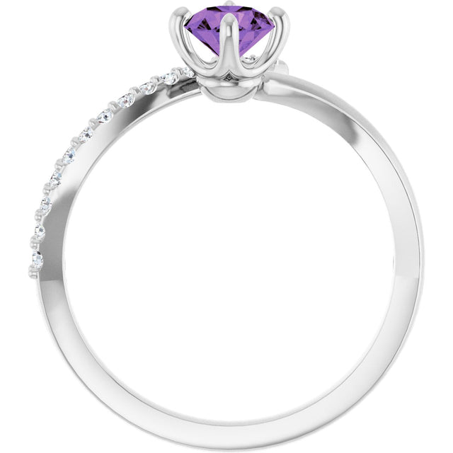 14K Gold Round Natural Amethyst Accented Bypass Ring - White Gold - view 2