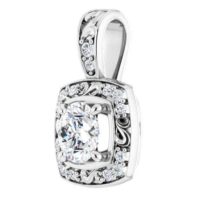14K Gold Round Natural Diamond Sculptural Halo-Style Pendant - White Gold - view 2