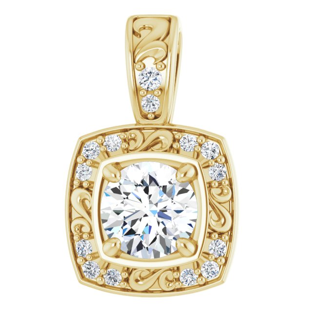 14K Gold Round Natural Diamond Sculptural Halo-Style Pendant - Yellow Gold