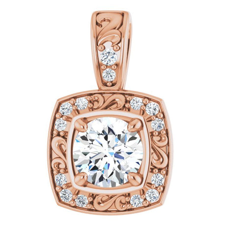 14K Gold Round Natural Diamond Sculptural Halo-Style Pendant - Rose Gold