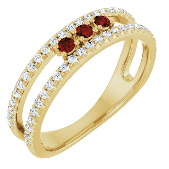 14K Gold Round Natural Mozambique Garnet Negative Space Ring - Yellow Gold