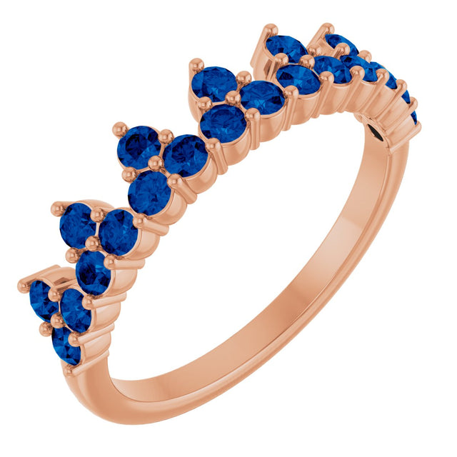 14K Gold Round Natural Blue Sapphire Accented Crown Ring - Rose Gold