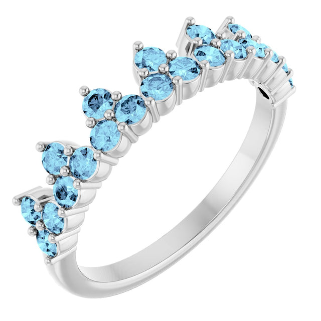 14K Gold Round Natural Aquamarine Accented Crown Ring - White Gold