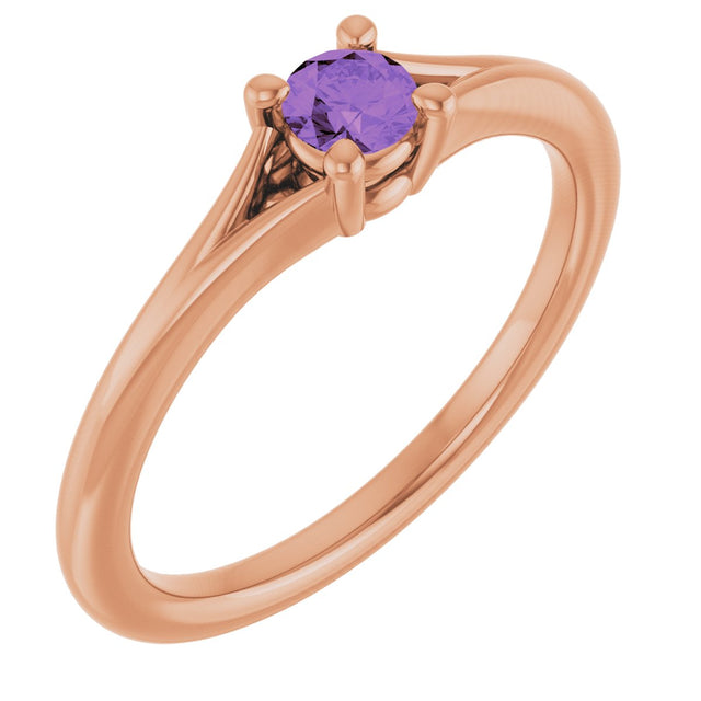 14K Gold Round Natural Amethyst Youth Solitaire Ring - Rose Gold