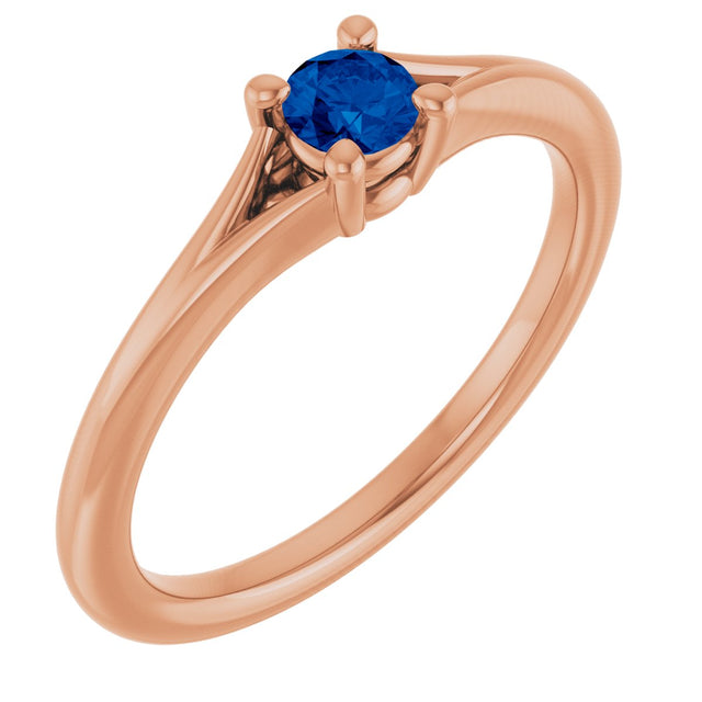 14K Gold Round Natural Blue Sapphire Youth Solitaire Ring - Rose Gold