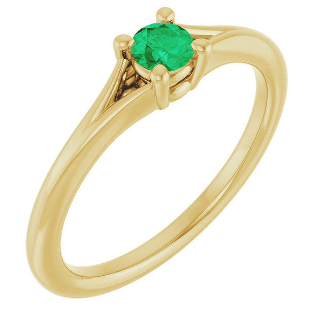 14K Gold Round Natural Emerald Youth Solitaire Ring - Yellow Gold